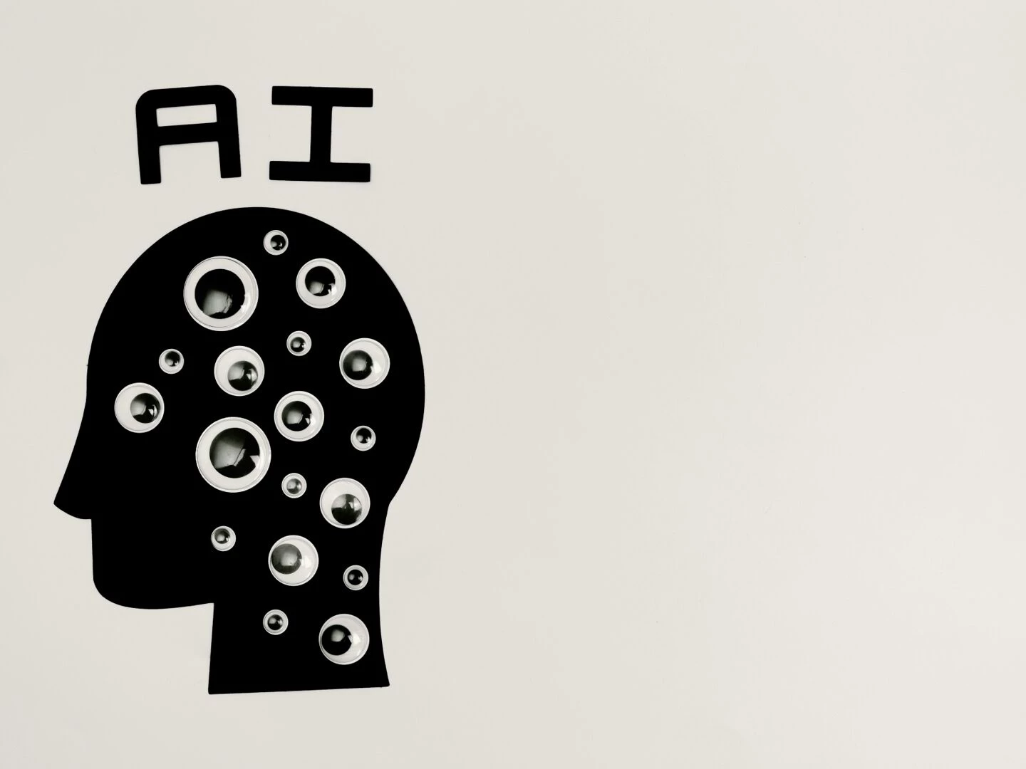 abstract illustration of ai with silhouette head full of eyes symbolizing observation and technology