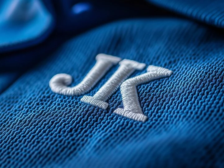 Embroidered JK on a blue polo t-shirt