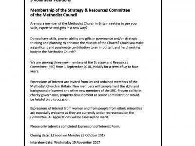 3 Volunteer Positions – Strategy & Resources Committee of the Methodist Council