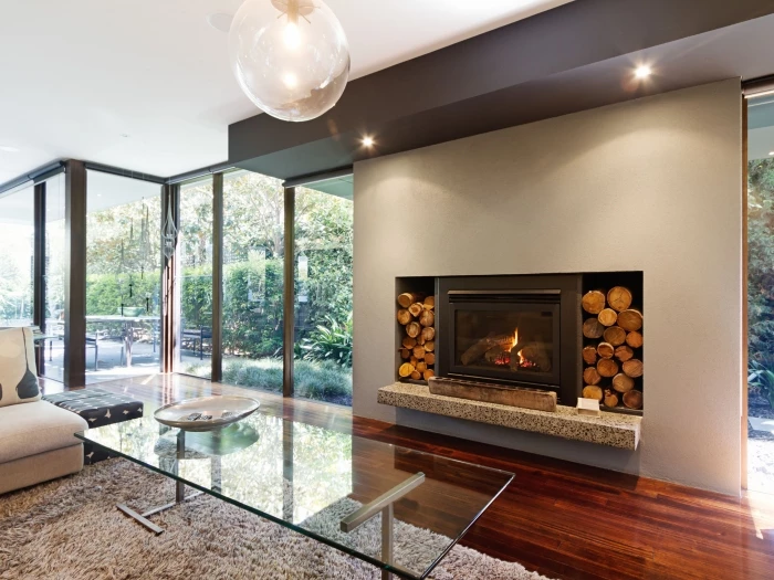 Sliding and bi-fold doors with living room fire