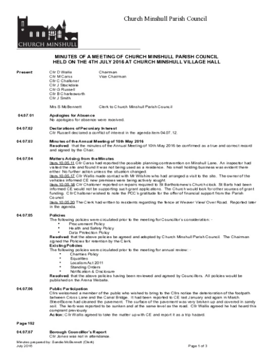 2016-07-04 PC Minutes