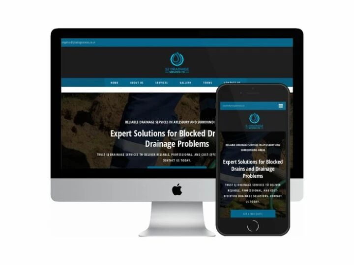 Desktop and mobile screenshots of the SJ Drainage Services website