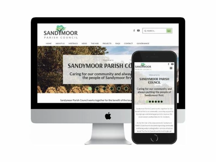 Desktop and mobile screenshots of the Sandymoor Parish Council website