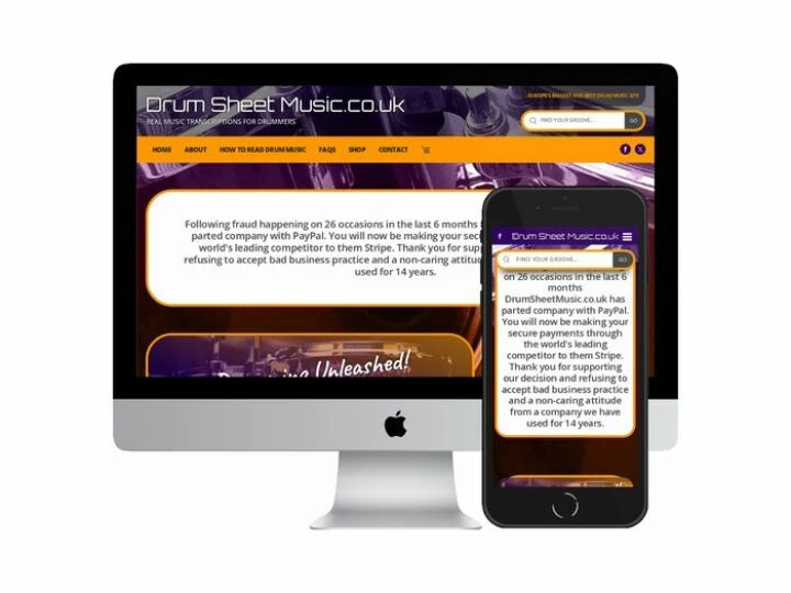 Desktop and mobile screenshots of the Drum Sheet Music website
