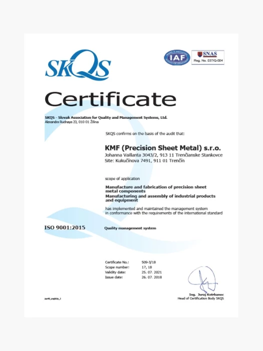 KMF Slovakia ISO9001 Certificate