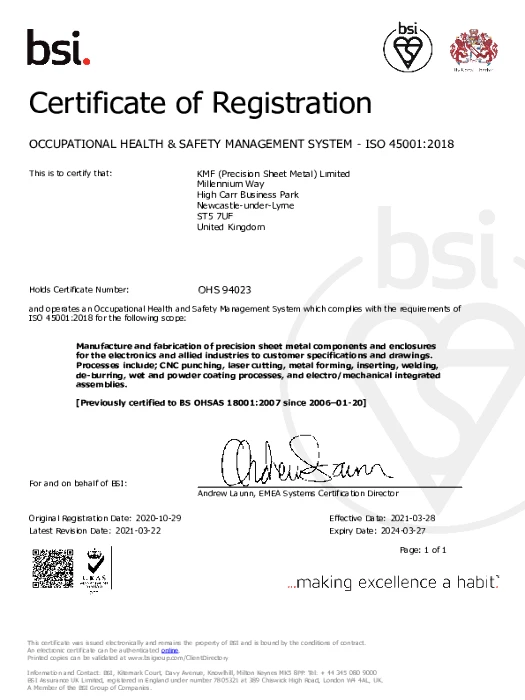 KMF Precision Sheet Metal UK OHSAS 45001 Certificate