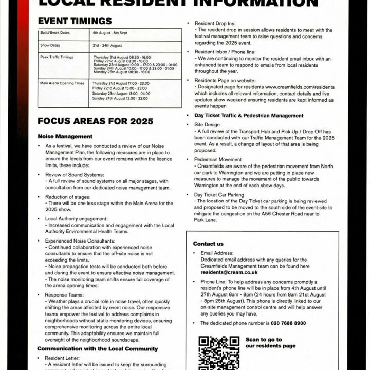 Creamfields 2025 Local Residents Info Poster