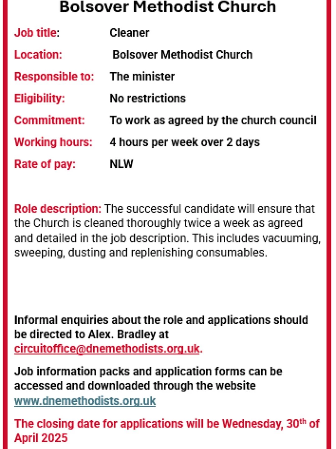 bolsover cleaner job advert