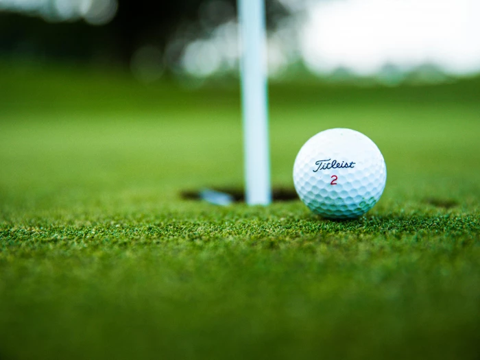 closeup photo of a golf ball near the hole