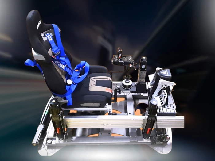 cockpit seat with blue harness for a sim racing rig