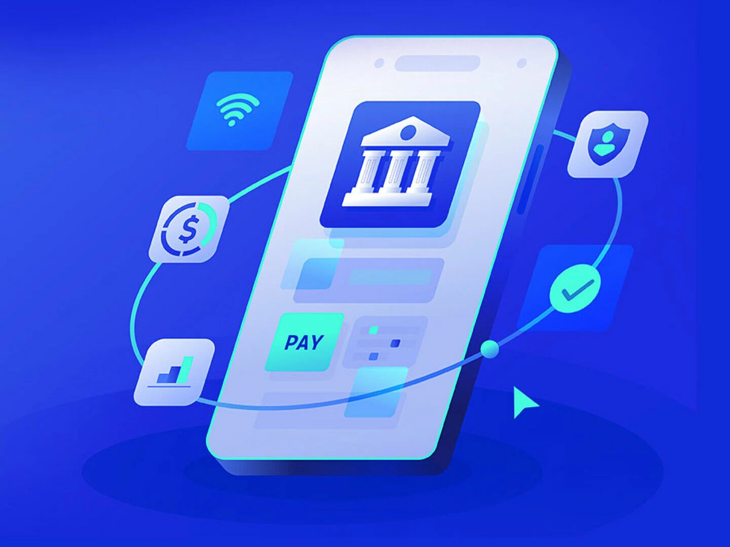 digital banking illustration with mobile app financial data and money icons representing banks competing with fintechs