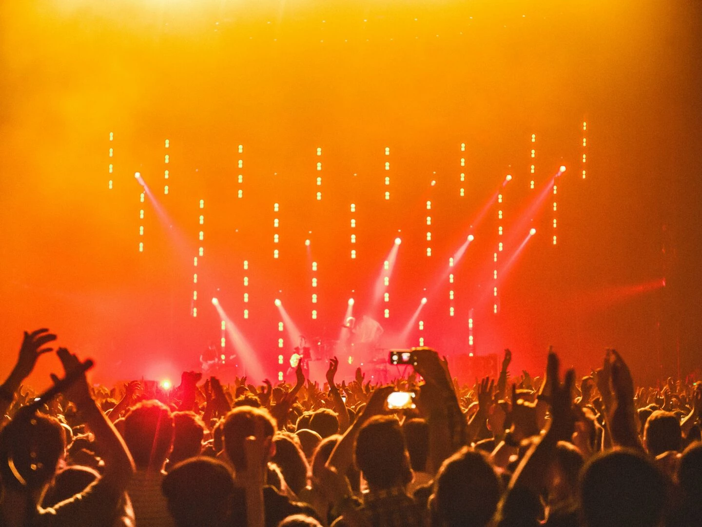 energetic crowd at a live concert with bright stage lights and hands raised in celebration