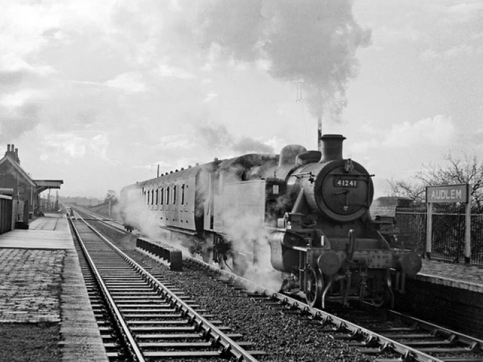 ivatt 2 262t 41241 a former bath green park loco leaves audlem with the 1008 wellington  crewe service 301260 wwwrailphotoprintscouk  hugh ballantyne