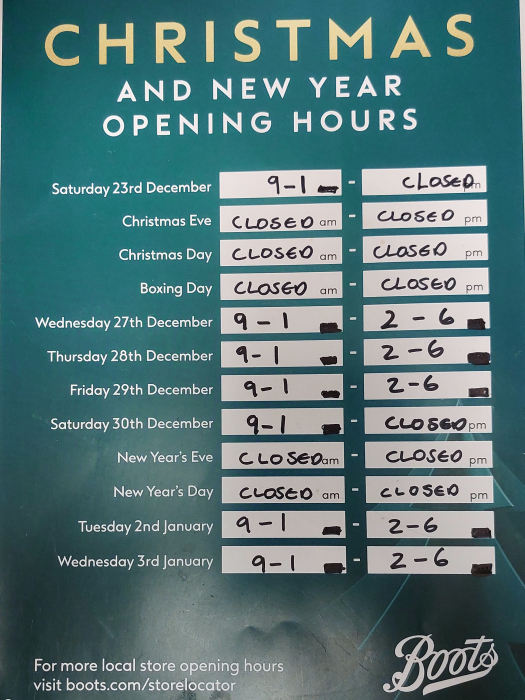 Boots Opening times