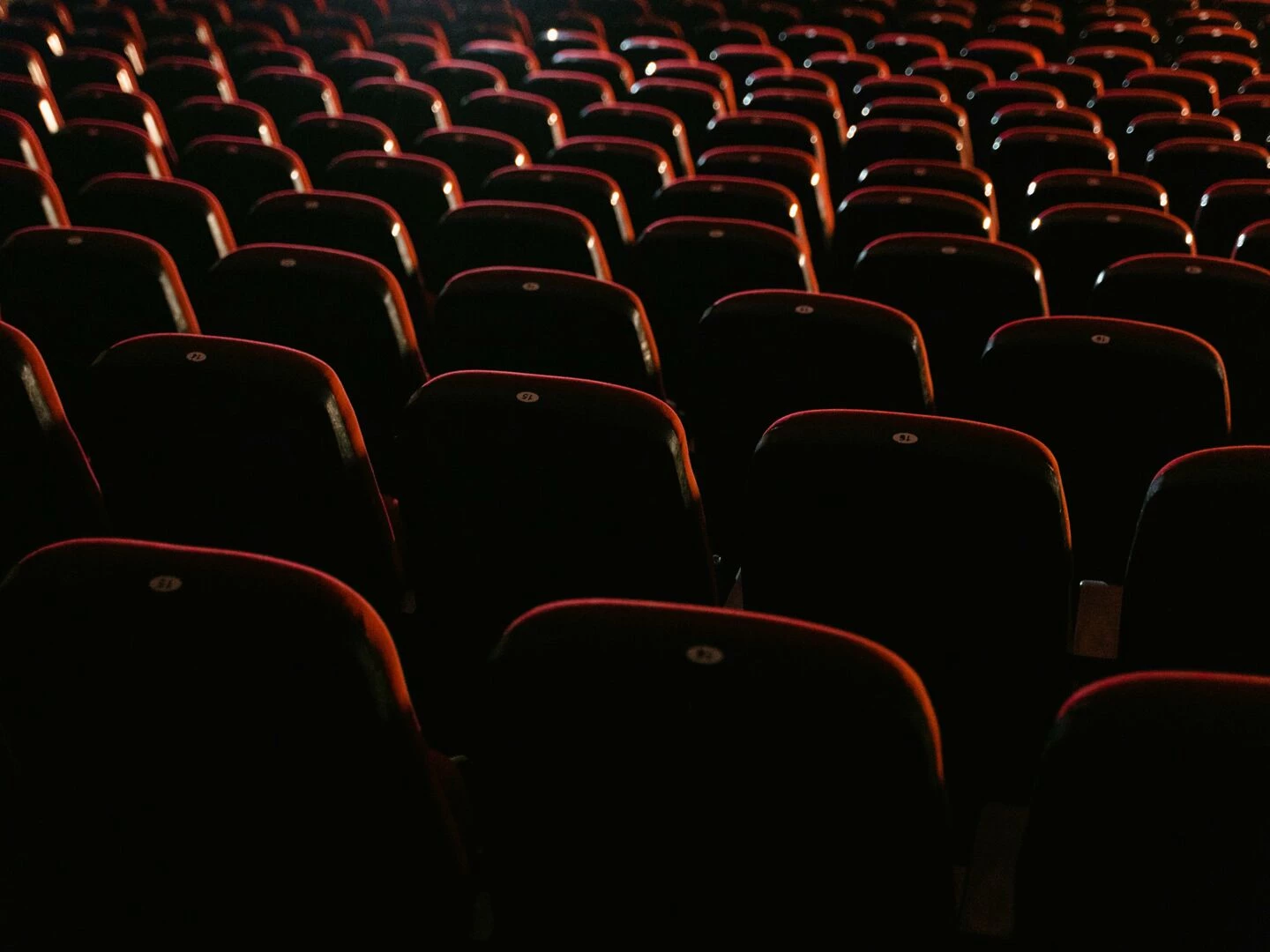 rows of empty red seats in a dimly lit movie theater showcasing a cinema environment