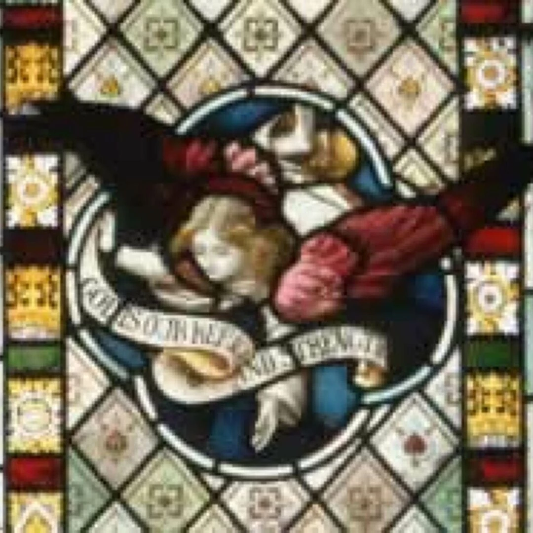 stained glass window of an ang