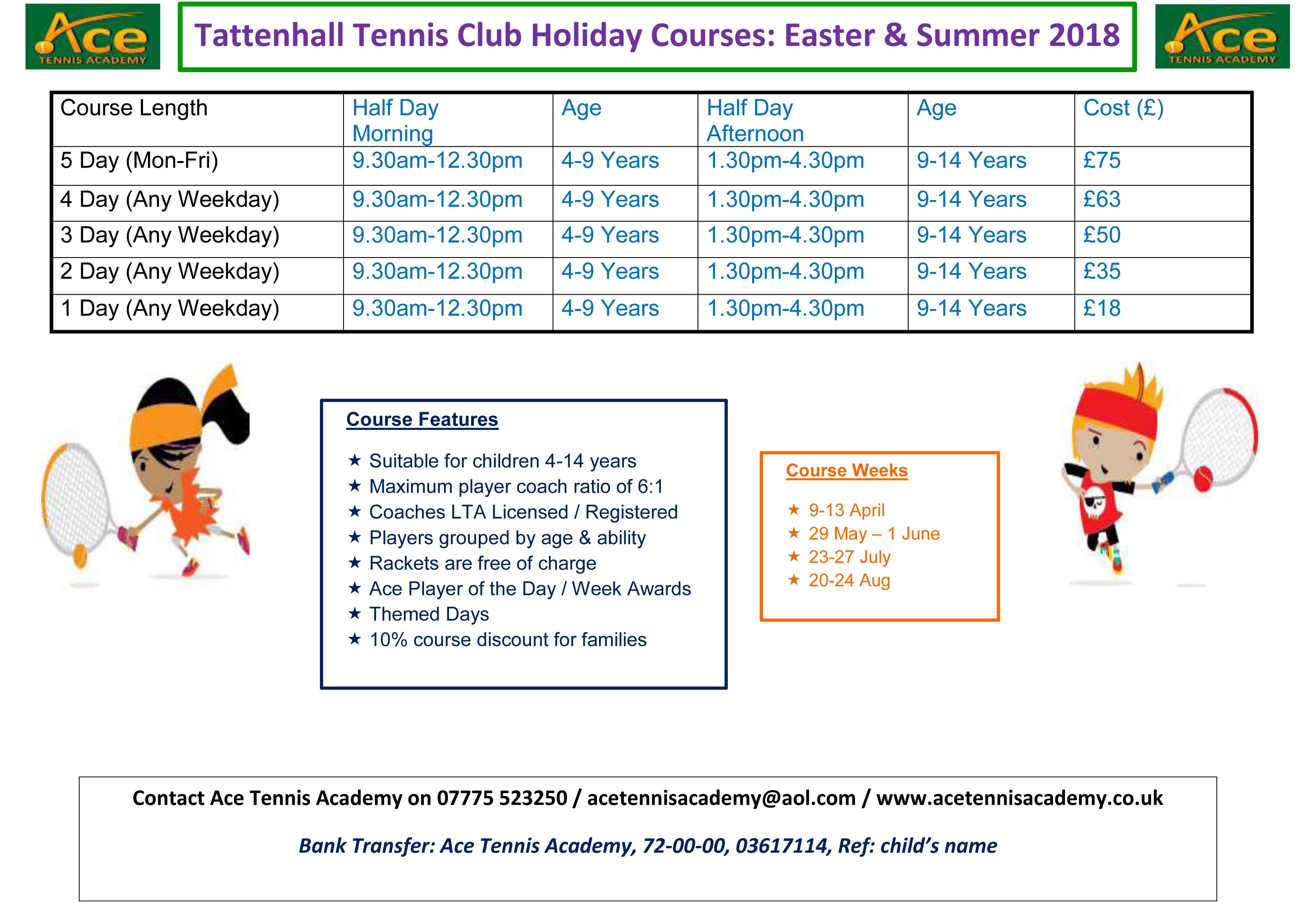 tattenhall easter   summer holiday course schedule 2018