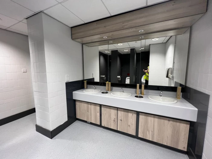 the refurbished washroom at qbe offices in leeds