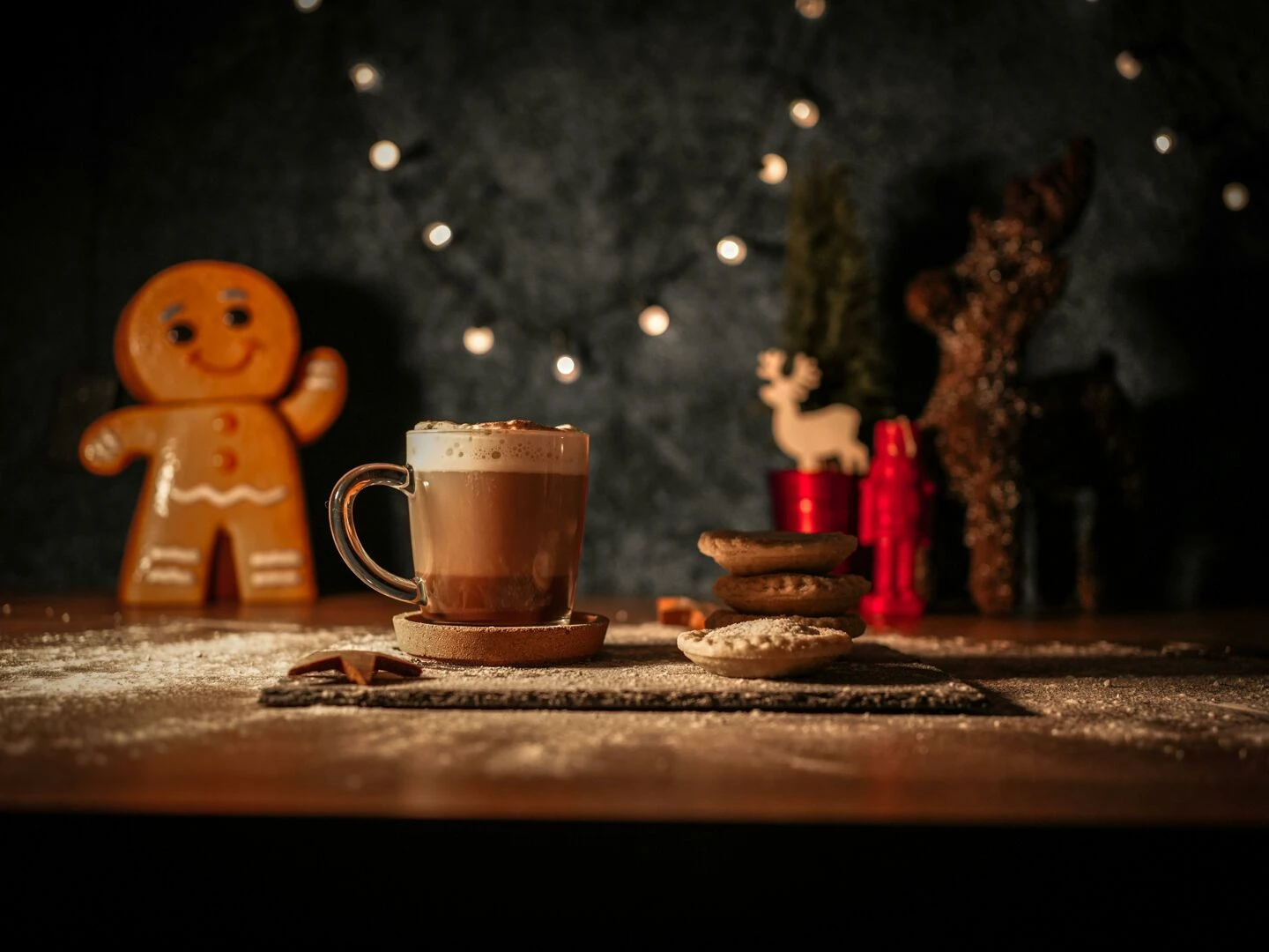 warm christmas scene featuring hot chocolate mince pies and a gingerbread man with festive lights
